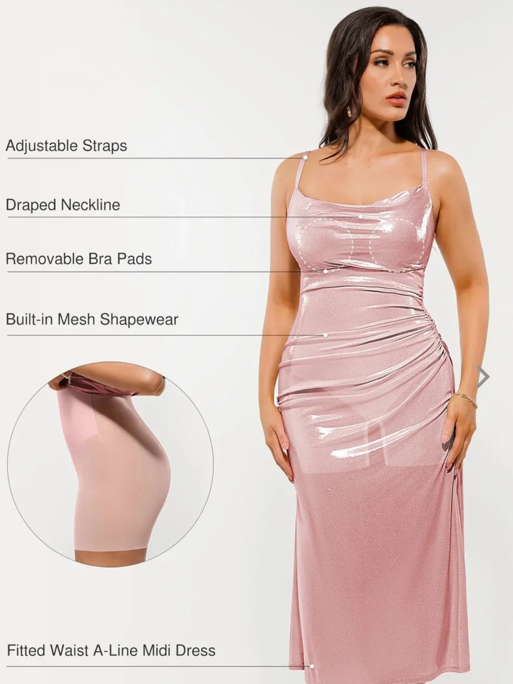 Popilush Metallic Cowl Neck Side Ruched Sculpting Tummy Control Midi Dress